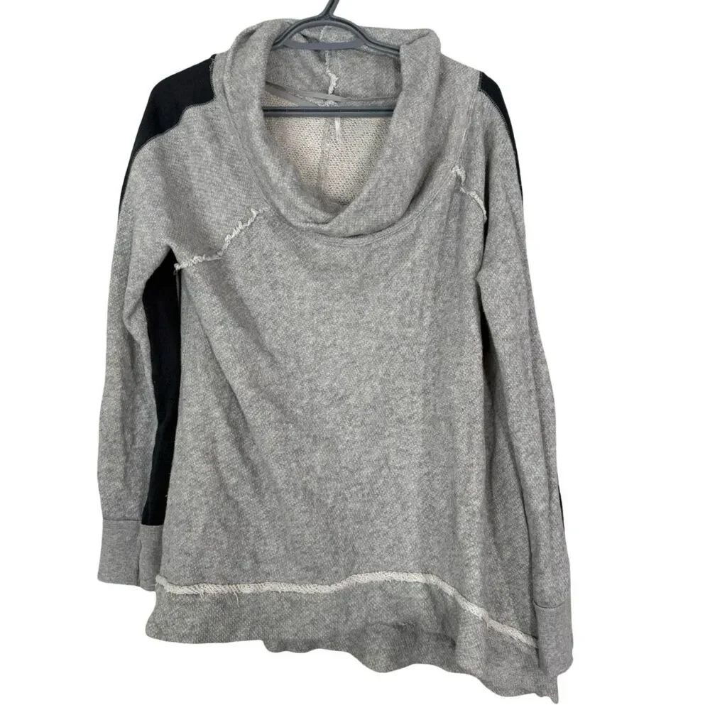 Free People Gray Mock Neck Tunic Top Sz S Oversized Boho Boxy Cozy Neutral